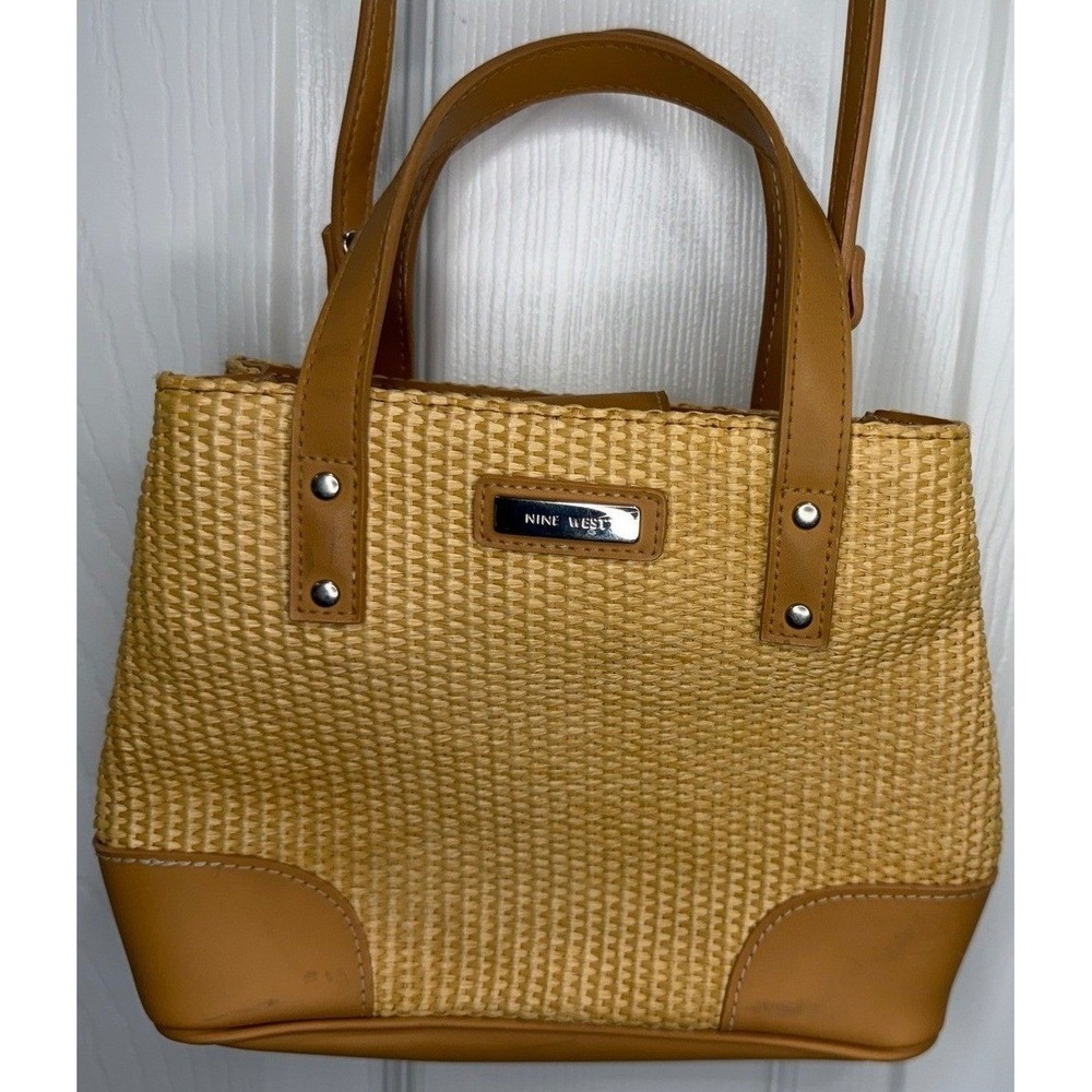 Nine West Straw Woven Tote Handbag Crossbody Bag Tan Leather‎ Trim